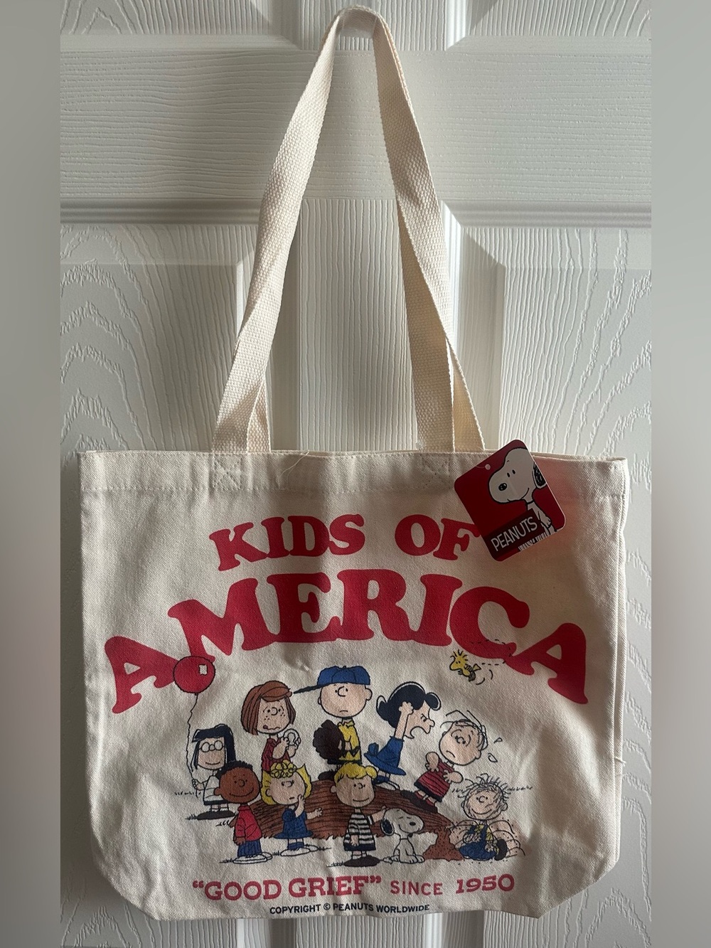 Peanuts Kids of America Cream Canvas Tote Bag Red Print 15” new